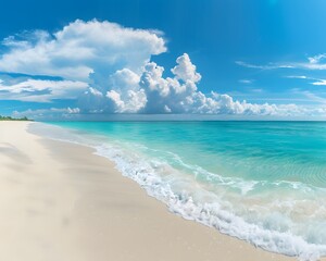 Obraz premium A serene beach scene with white sand, turquoise water and blue sky, sunlight reflecting off the ocean waves