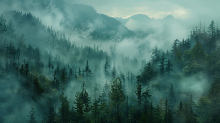 A foggy forest with lots of trees in the foreground and a lot of fog in the middle of the forest on the far side of the picture is a foggy sky.