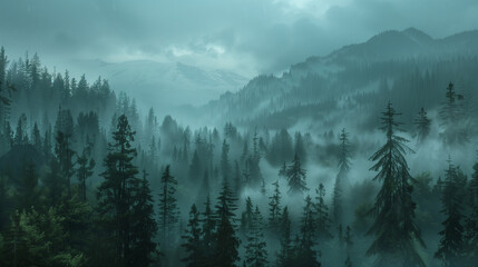 A foggy forest with lots of trees in the foreground and a lot of fog in the middle of the forest on the far side of the picture is a foggy sky.