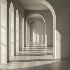 A long, narrow hallway with arched windows and a light shining on the floor. The space is empty and features a lot of natural light