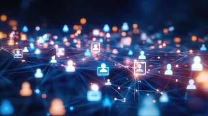 Growing digital network of people connected via social media icons, representing the increasing online community and networking trends