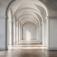 Obraz premium A large, empty room with white walls and wooden floors. The room is long and narrow, with a high ceiling and arched windows. The space is open and airy, with a sense of grandeur and elegance