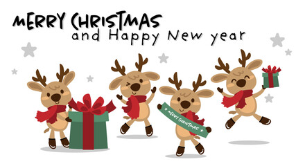 Set of cute reindeer in winter costume for Christmas holiday season banner on white background with stars. Design for greeting season or party invitation, for Winter Holidays season. 