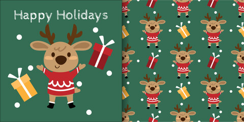 Christmas holidays banner and seamless pattern of Cute Reindeer wearing red sweater with gift boxes, snowflakes and Happy Holidays text on green background.