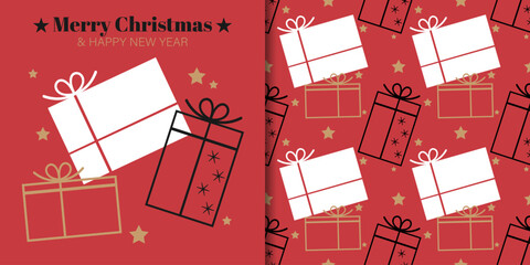 Christmas banner and seamless pattern of cute simple gift boxes and stars with Merry Christmas text on red background.