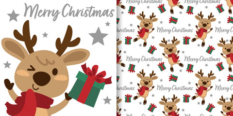 Christmas holidays banner and seamless pattern of Cute Reindeer wearing red scarf with gift boxes, stars and Merry Christmas text on white background.