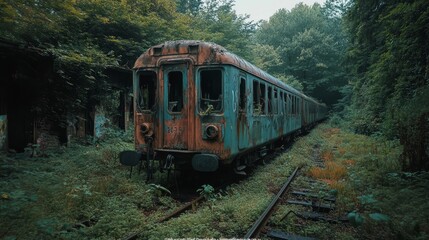 Obraz premium A train is covered in vines and leaves, and is sitting on a train track