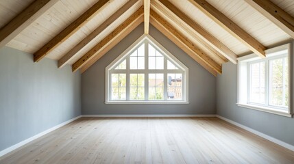 Obraz premium A large, empty room with a wooden ceiling and white walls. The room is very spacious and has a lot of natural light coming in through the windows. The room is very clean and well-maintained