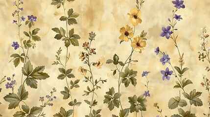 A beautifully detailed vintage wallpaper featuring pressed flower designs of forget-me-nots and violets. The flowers are illustrated in muted colors with intricate details,