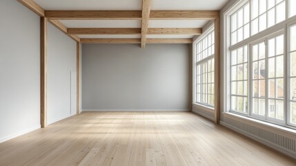 A large, empty room with wooden beams and white walls. The room is very spacious and has a clean, minimalist feel. The large windows let in plenty of natural light, making the room feel bright