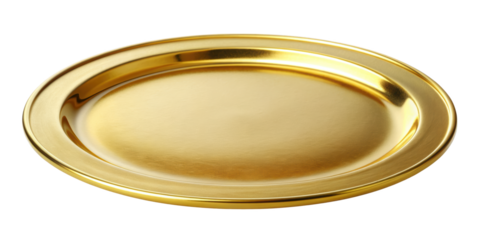 Sleek golden plate with a smooth rim, perfect for upscale dining settings, special occasions, or as an elegant decorative piece. Isolated on transparent background, png.
