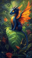 A captivating illustration of a mystical creature, blending dragon and fairy features, perched gracefully on a massive green leaf ina dense jungle. The creature has shimmering blue scales and fiery or