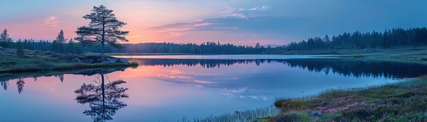 Tranquil lake reflecting dawn's first light, serene and peaceful