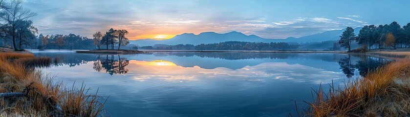 Fototapeta premium Tranquil lake reflecting dawn's first light, serene and peaceful