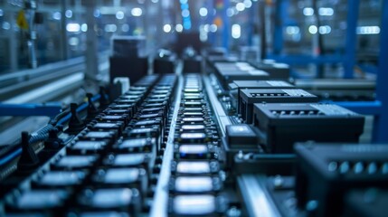Obraz premium Batches of batteries produced by machines on a factory production line