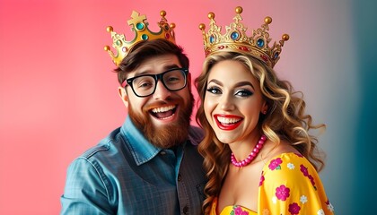 Obraz premium Fun, whimsical elements with bright colors and a sense of joy and creativity, king and queen, Bright, high-contrast lighting, giving a sharp, overexposed effect