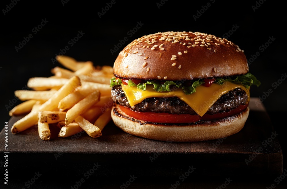 Wall mural Juicy Cheeseburger and Golden Fries