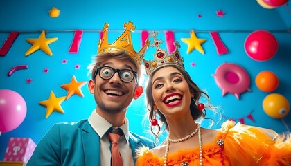 Fun, whimsical elements with bright colors and a sense of joy and creativity, king and queen, Bright, high-contrast lighting, giving a sharp, overexposed effect