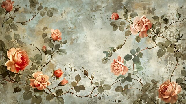 Fototapeta A beautifully ornate vintage wallpaper depicting a Victorian rose garden, showcasing delicate roses and detailed vines in soft pastel colors. The background has an aged texture, adding a timeless,