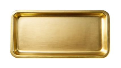 Rectangular golden tray featuring a polished finish. Ideal for serving, luxury dining settings, or as an exquisite decorative piece in home decor. Isolated on transparent background, png.