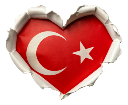 Turkish flag in heart shape torn from paper isolated on transparent background