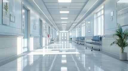 Obraz premium long hospital corridor 3D model , bright hospital corridor 3D render , hospital corridor with rooms 3D , hospital corridor with patient rooms 3D