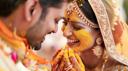 Indian wedding couple during the haldi ceremony, applying turmeric paste to each other