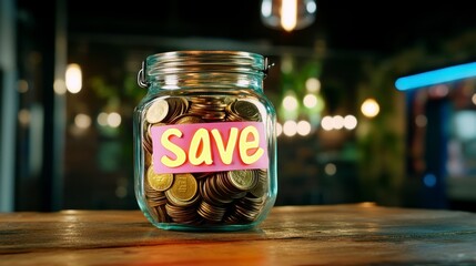Saving Coins, Glass jar filled with coins labeled "Save", Financial planning concept.