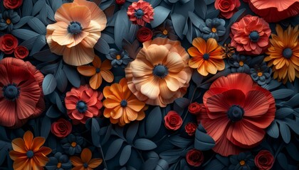 Assorted 3D flowers creating a detailed abstract design with a dark background