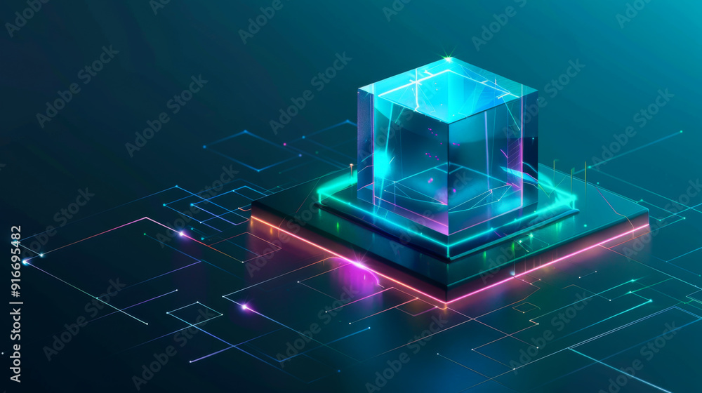 Poster the ice cube is on a blue background. the cube is surrounded by a colorful glowing background. cyber