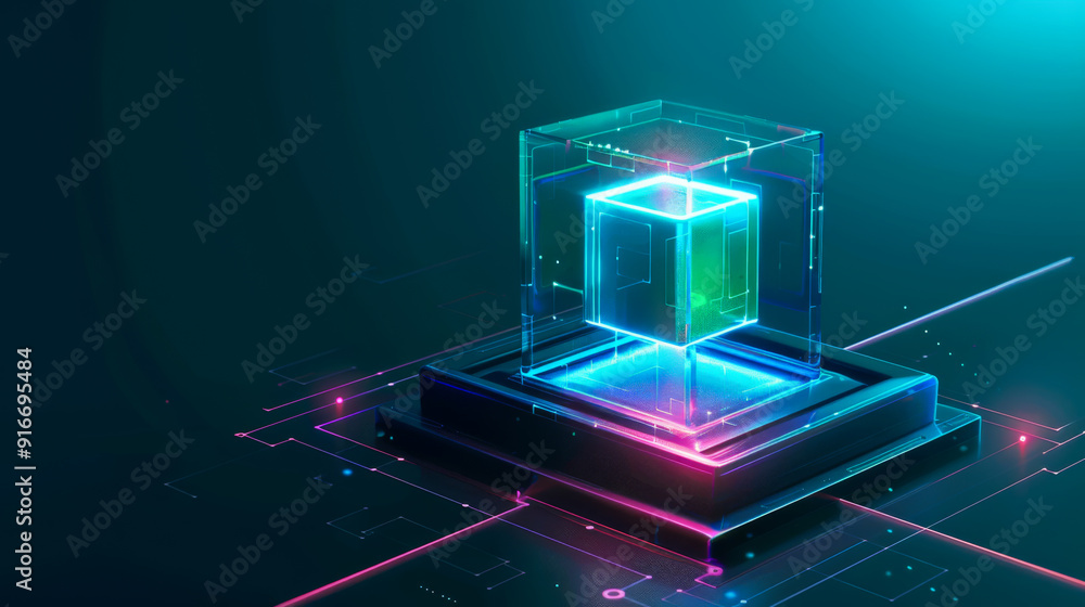Poster the ice cube is on a blue background. the cube is surrounded by a colorful glowing background. cyber