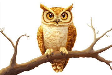 Obraz premium Golden owl perched on a branch with large yellow eyes.