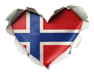 Norwegian flag in heart shape torn from paper isolated on transparent background