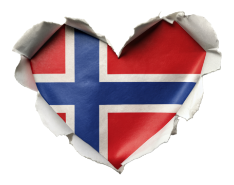 Norwegian flag in heart shape torn from paper isolated on transparent background