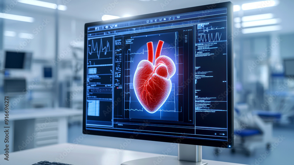 Poster 3d heart model displayed on a computer monitor in a modern medical facility for cardiac analysis and
