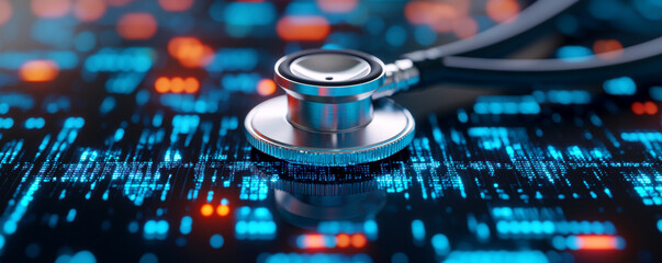 A close-up of a stethoscope on a digital background, symbolizing the intersection of technology and healthcare.