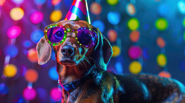 A cute dachshund dog wearing disco glasses with a party hat. Disco background. Dog birthday party.