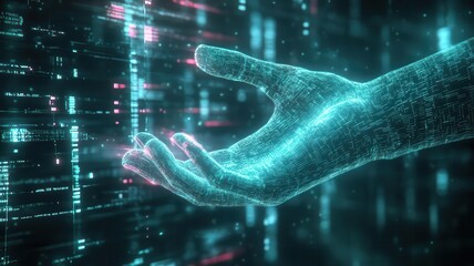 Holographic hands manipulating code strings like a puppeteer, cyber attacks, controlled hacking