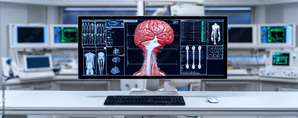 Poster modern medical workspace displaying detailed brain imaging and anatomical graphics on a high-tech mo