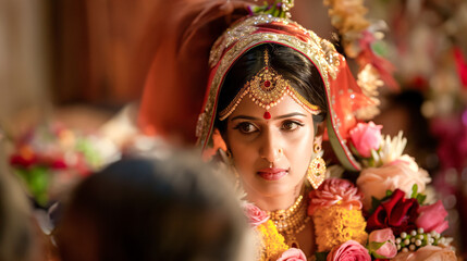 Fototapeta premium Indian wedding Griha Pravesh, bride being guided by mother-in-law, traditional welcome
