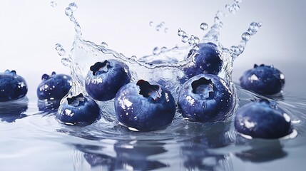 Bursting Blueberries: Close-up View of Fresh Blueberries Exploding with Water Spray on a Bright Clean Background, Surreal and Photorealistic Detail with High Resolution