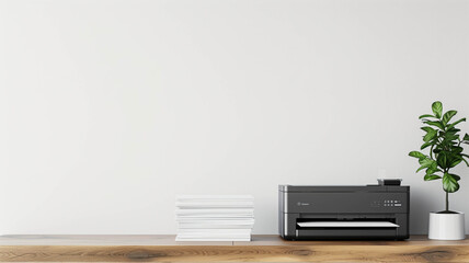 A modern printer sitting on a table, papers neatly stacked beside it, against a plain white wall