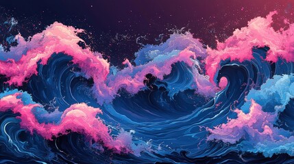 Obraz premium Dream-like ocean waves illustrated in a psychedelic style, featuring dark blue and pink shades, with distorted figures and vibrant trillwave elements