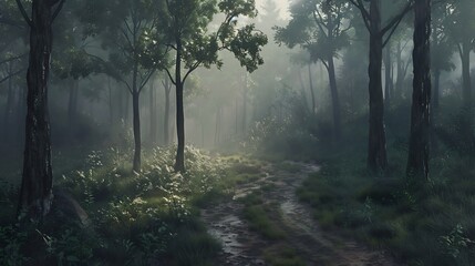 Naklejka premium the atmosphere of a path in a foggy forest, beautiful, and also a bit scary, ai-generated