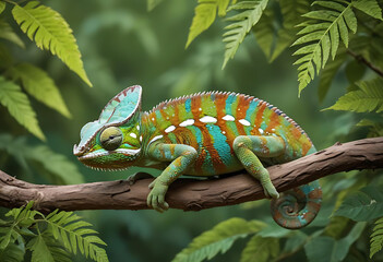 A chameleon showcases its incredible camouflage and Green chameleon on a branch