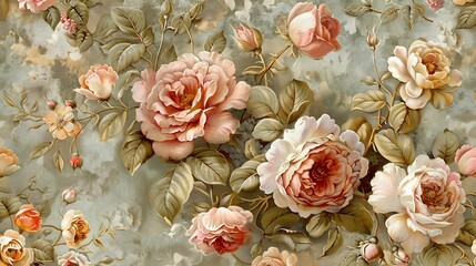 A classic vintage wallpaper design showcasing a floral tapestry of richly detailed roses and tulips. The flowers feature intricate details and soft, vintage hues with a tapestry-like background,
