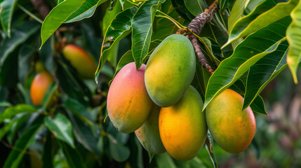 Bunch of fresh ripe mangoes hanging on a tree in mango garden.
