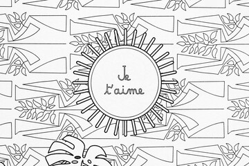 Arrière plan noir et blanc au motif graphique rond et inscription Je t'aime en français