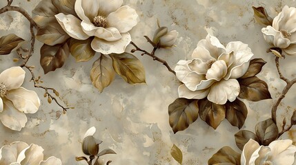 A classic vintage wallpaper design showcasing heritage blossoms of magnolias and hydrangeas. The flowers feature intricate details and soft, vintage hues with a subtly textured background,