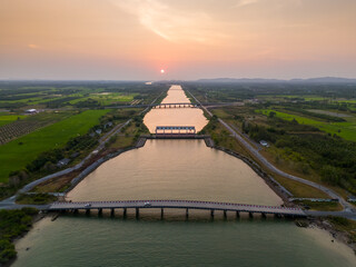 Aerial view of Canal dam in Nakhon Si Thammarat Province, Thailand